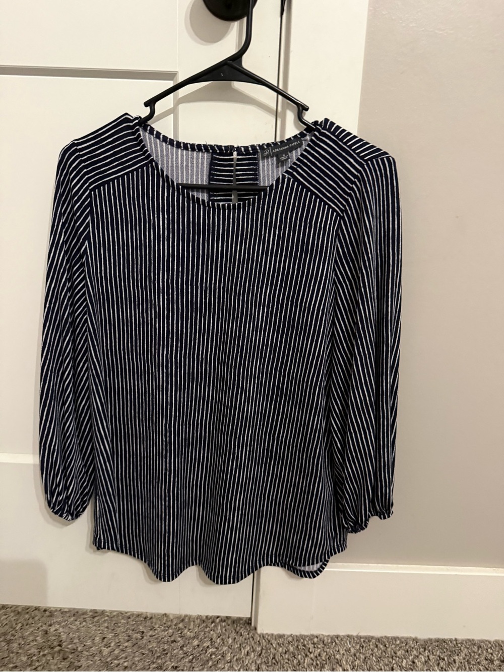 Adrianna Papell Navy & White Striped 3/4 Sleeve Blouse